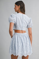 ZALENA EMBROIDERED MINI DRESS WITH RIBBON