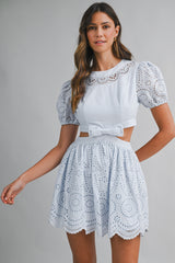 ZALENA EMBROIDERED MINI DRESS WITH RIBBON
