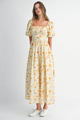 EMMALYN FLORAL SQUARE NECKLINE MIDI DRESS