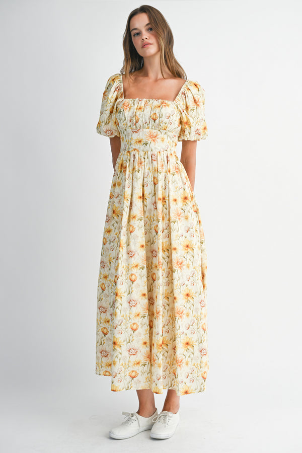 EMMALYN FLORAL SQUARE NECKLINE MIDI DRESS