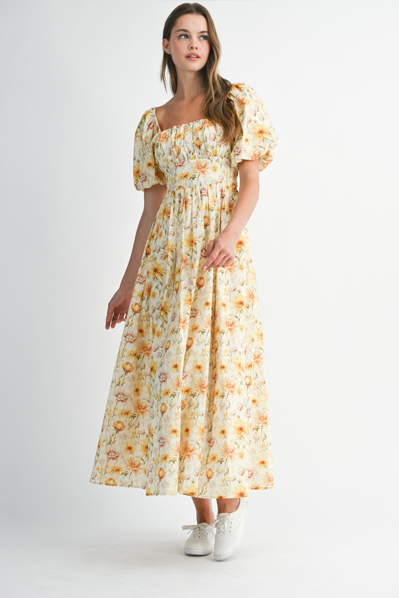 EMMALYN FLORAL SQUARE NECKLINE MIDI DRESS