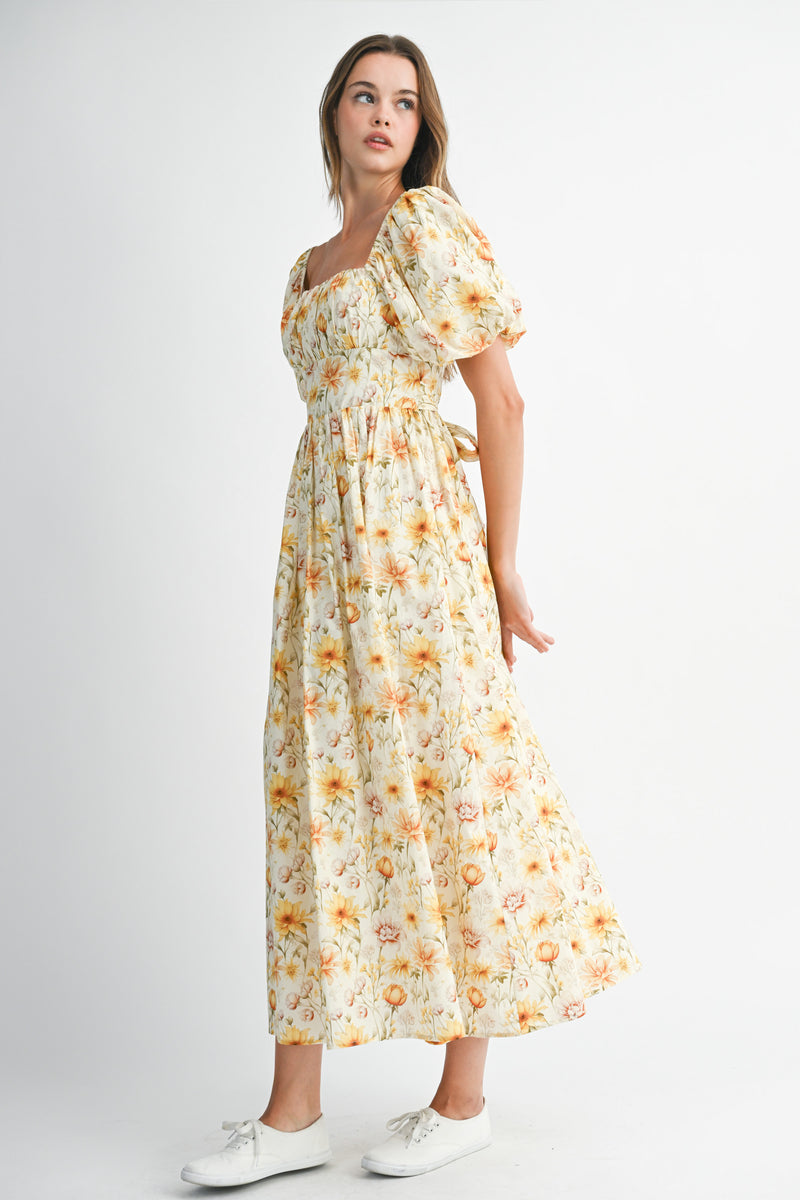 EMMALYN FLORAL SQUARE NECKLINE MIDI DRESS