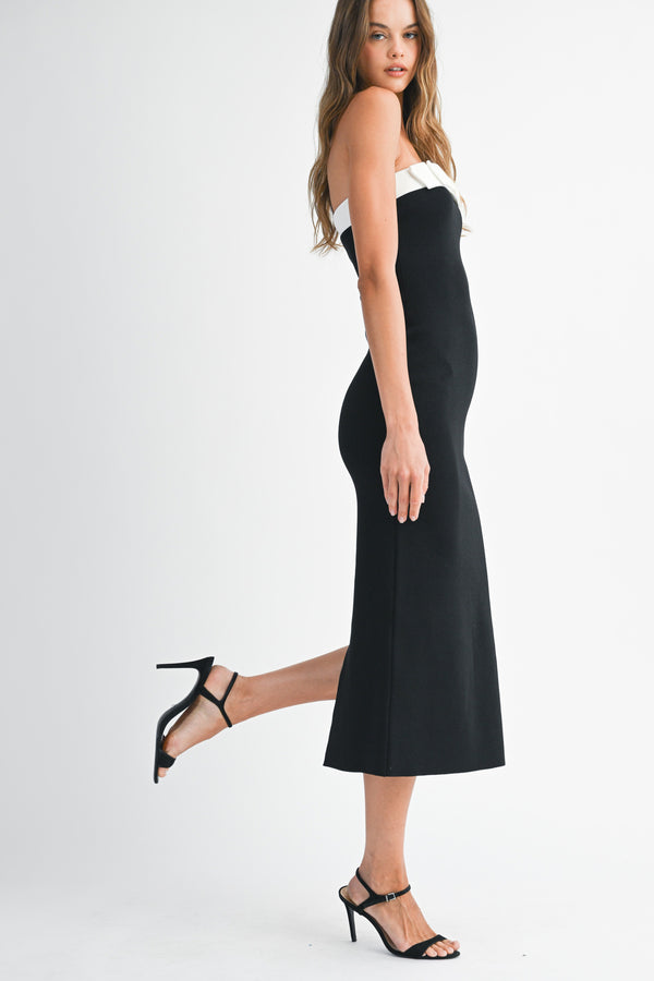 TEEMO KNIT STRAPLESS BOW MIDI DRESS