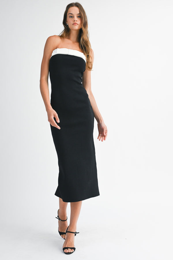 TEEMO KNIT STRAPLESS BOW MIDI DRESS