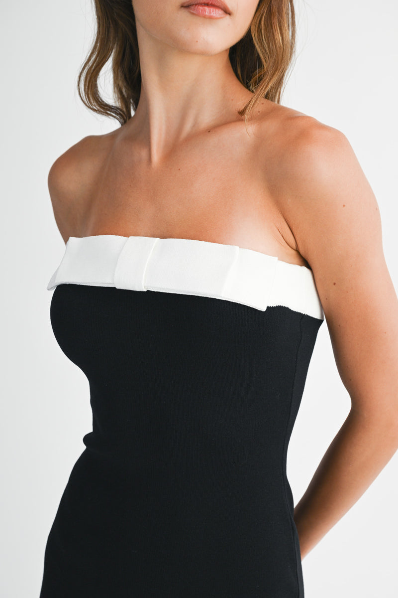 TEEMO KNIT STRAPLESS BOW MIDI DRESS