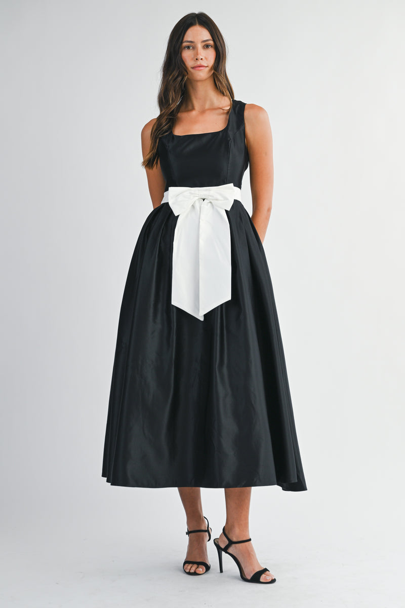 ANDREA BOW BELTED SQUARE NECK SATIN MIDI DRESS