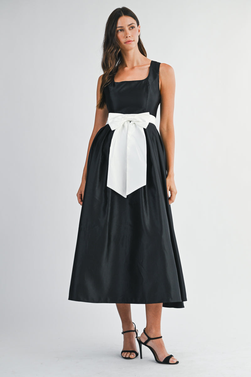 ANDREA BOW BELTED SQUARE NECK SATIN MIDI DRESS