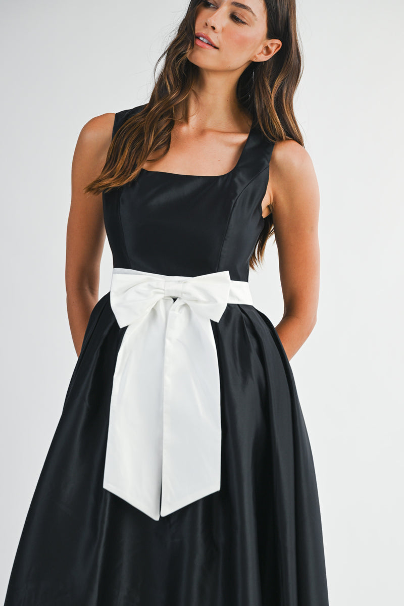 ANDREA BOW BELTED SQUARE NECK SATIN MIDI DRESS