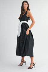 ANDREA BOW BELTED SQUARE NECK SATIN MIDI DRESS