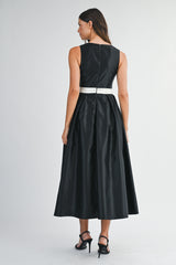 ANDREA BOW BELTED SQUARE NECK SATIN MIDI DRESS