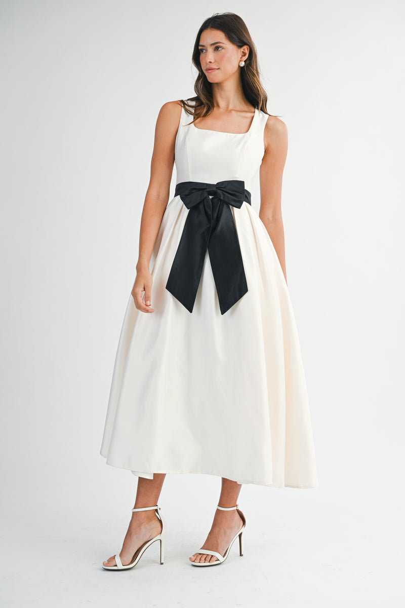 ANDREA BOW BELTED SQUARE NECK SATIN MIDI DRESS