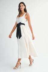 ANDREA BOW BELTED SQUARE NECK SATIN MIDI DRESS