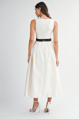 ANDREA BOW BELTED SQUARE NECK SATIN MIDI DRESS