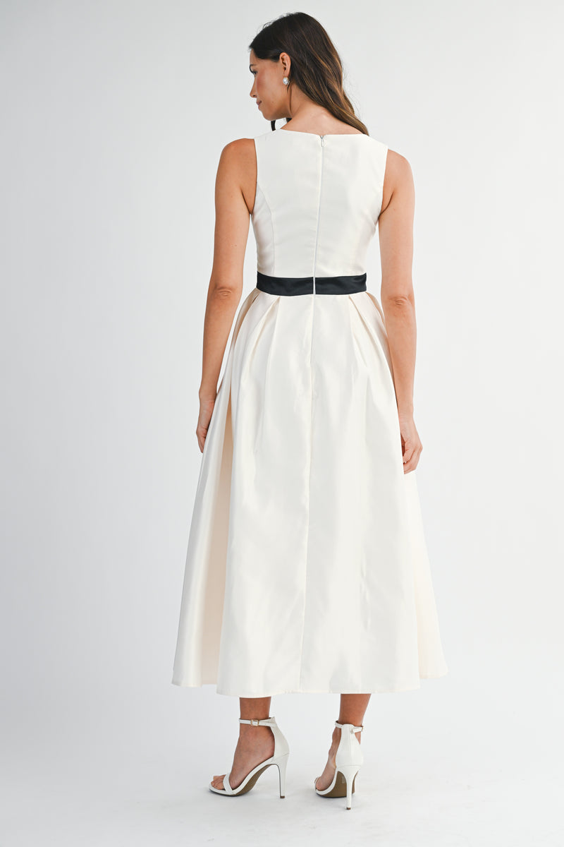 ANDREA BOW BELTED SQUARE NECK SATIN MIDI DRESS