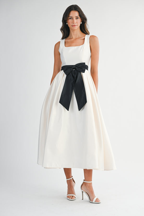 ANDREA BOW BELTED SQUARE NECK SATIN MIDI DRESS
