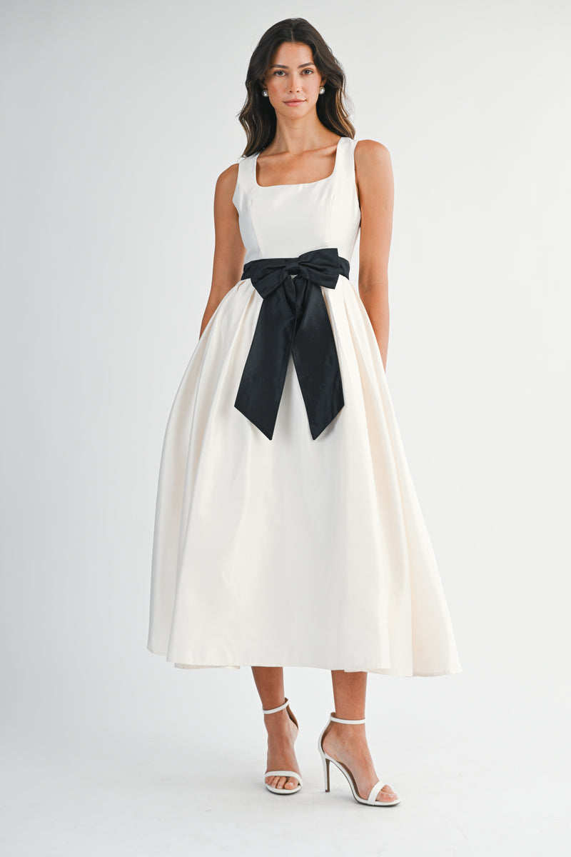 ANDREA BOW BELTED SQUARE NECK SATIN MIDI DRESS