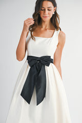 ANDREA BOW BELTED SQUARE NECK SATIN MIDI DRESS