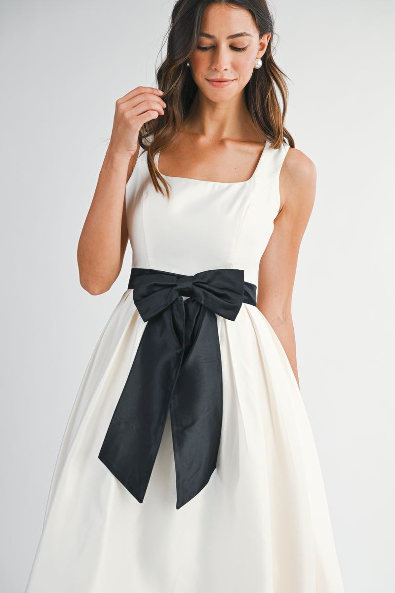 ANDREA BOW BELTED SQUARE NECK SATIN MIDI DRESS