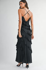 ISABEL SATIN ASYMMETRIC RUFFLE MAXI DRESS