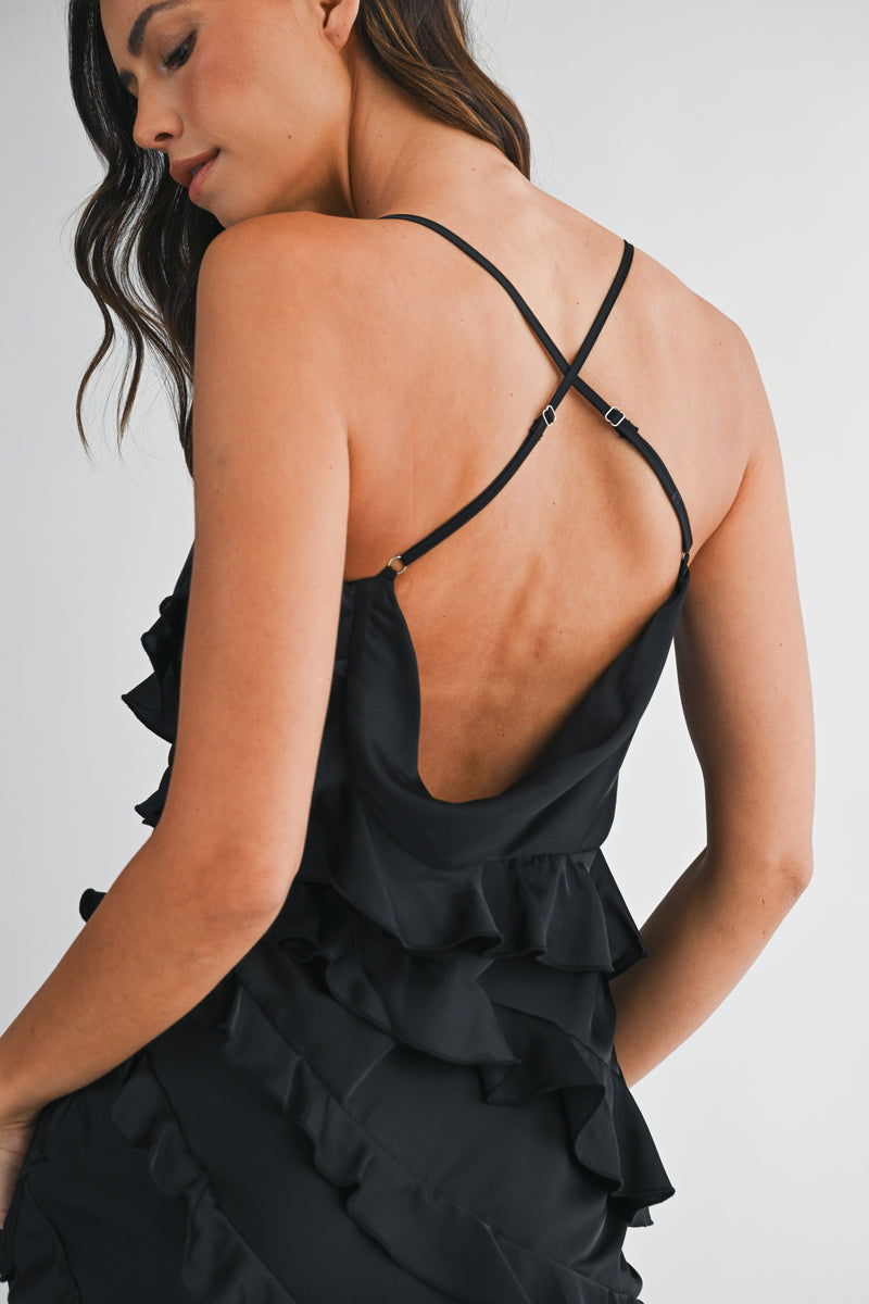 ISABEL SATIN ASYMMETRIC RUFFLE MAXI DRESS