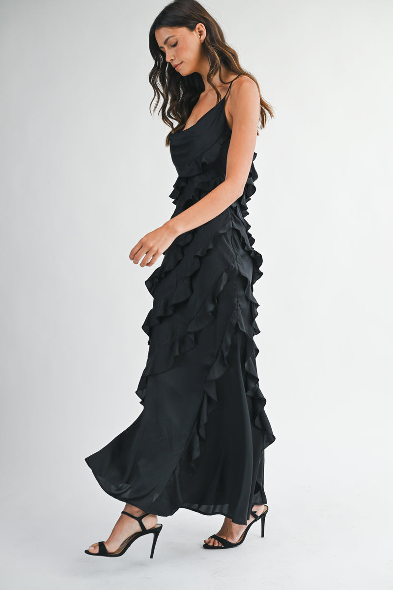 ISABEL SATIN ASYMMETRIC RUFFLE MAXI DRESS