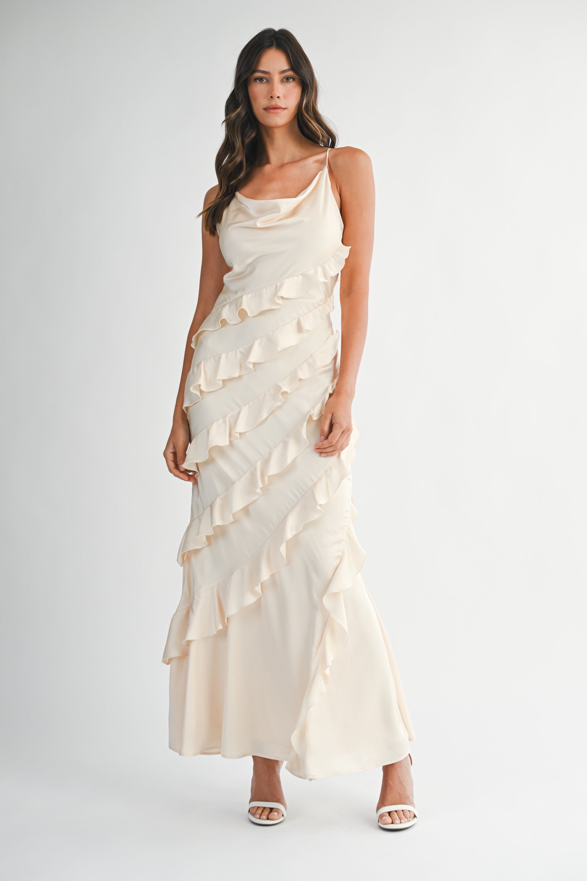 ISABEL SATIN ASYMMETRIC RUFFLE MAXI DRESS – Mable Clothing