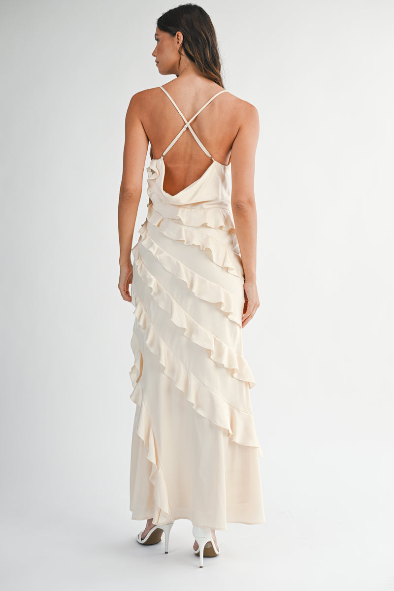 ISABEL SATIN ASYMMETRIC RUFFLE MAXI DRESS