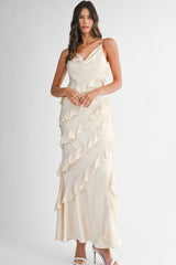 ISABEL SATIN ASYMMETRIC RUFFLE MAXI DRESS