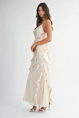ISABEL SATIN ASYMMETRIC RUFFLE MAXI DRESS
