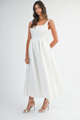 ARIYA SQUARE NECK BACK BOW MIDI DRESS