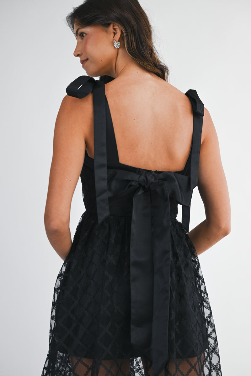 NANCY SATIN BOW DETAILED LACE MIDI DRESS