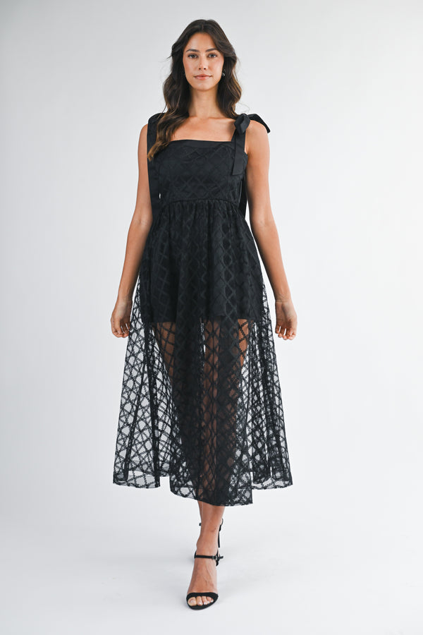 NANCY SATIN BOW DETAILED LACE MIDI DRESS