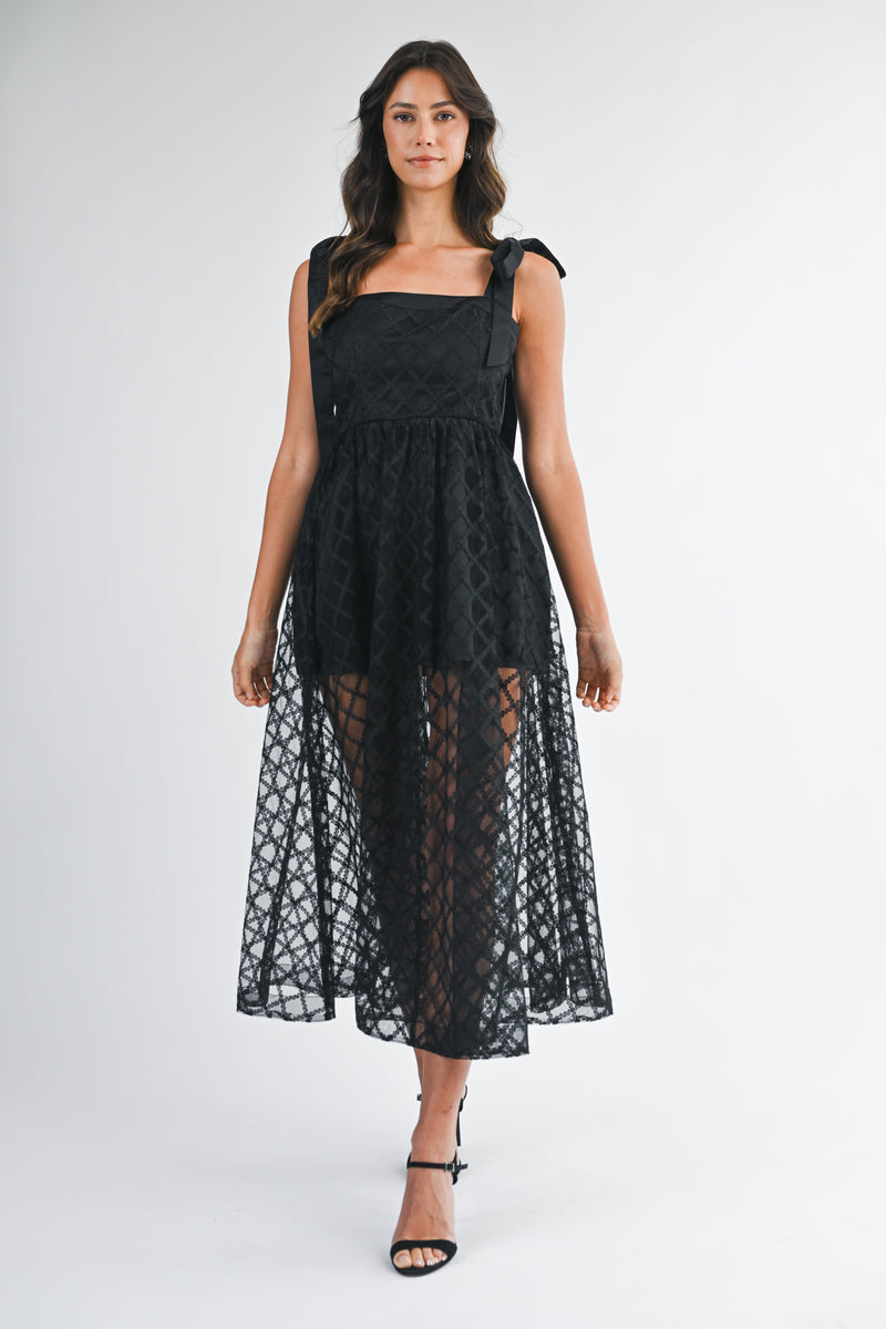 NANCY SATIN BOW DETAILED LACE MIDI DRESS