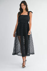 NANCY SATIN BOW DETAILED LACE MIDI DRESS