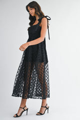 NANCY SATIN BOW DETAILED LACE MIDI DRESS