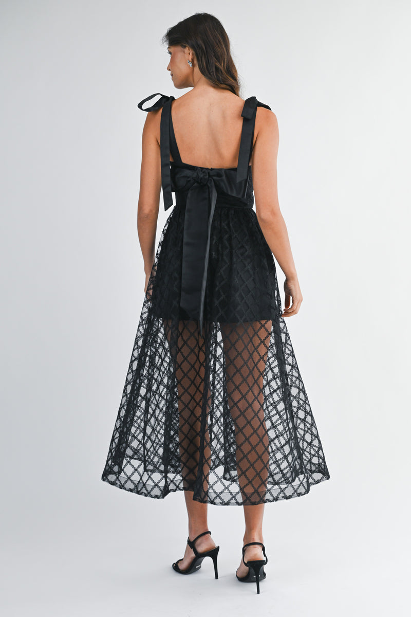 NANCY SATIN BOW DETAILED LACE MIDI DRESS