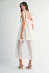 NANCY SATIN BOW DETAILED LACE MIDI DRESS