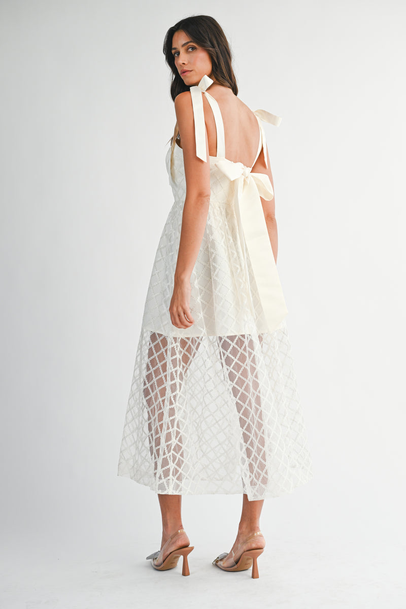 NANCY SATIN BOW DETAILED LACE MIDI DRESS