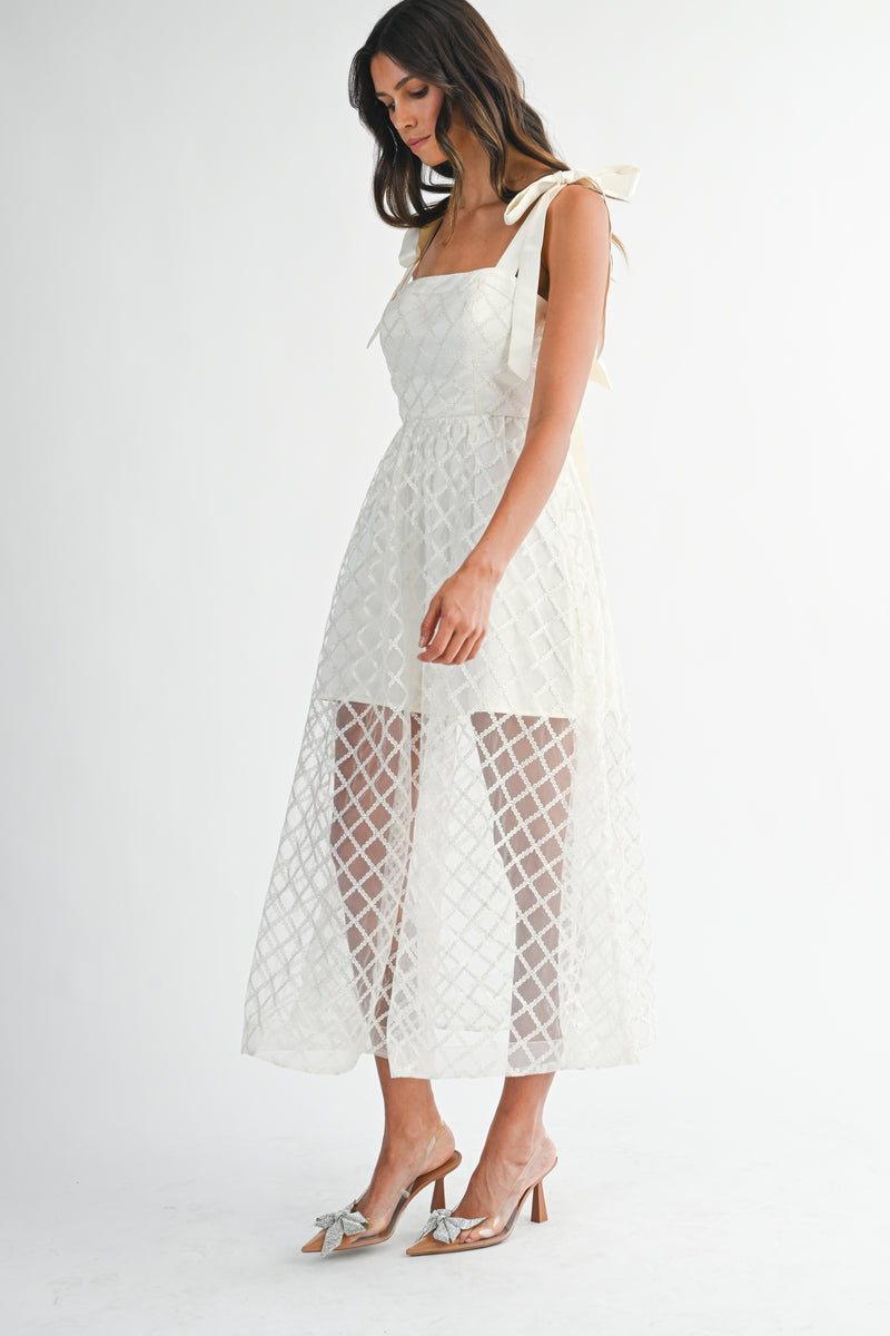 NANCY SATIN BOW DETAILED LACE MIDI DRESS