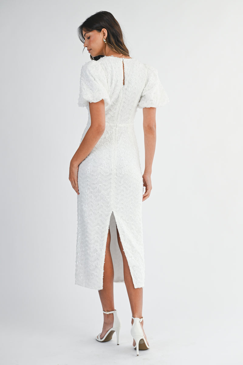 LYRA EMBELLISHED MESH PUFFY MIDI DRESS