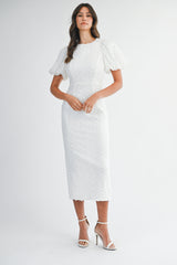 LYRA EMBELLISHED MESH PUFFY MIDI DRESS