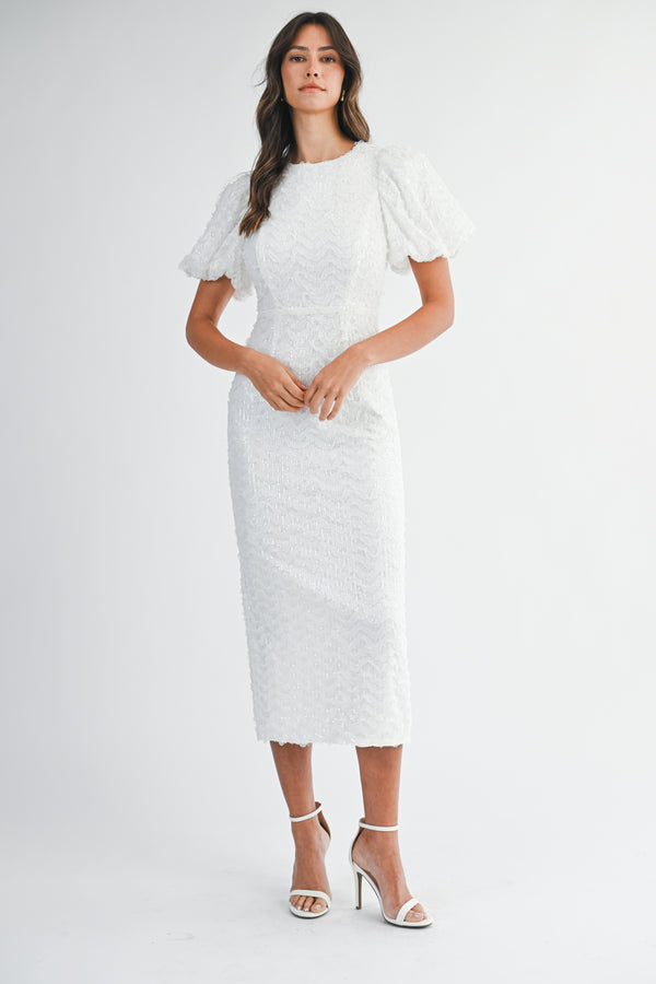 LYRA EMBELLISHED MESH PUFFY MIDI DRESS