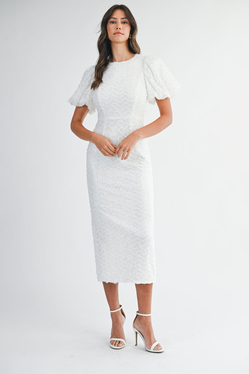 LYRA EMBELLISHED MESH PUFFY MIDI DRESS