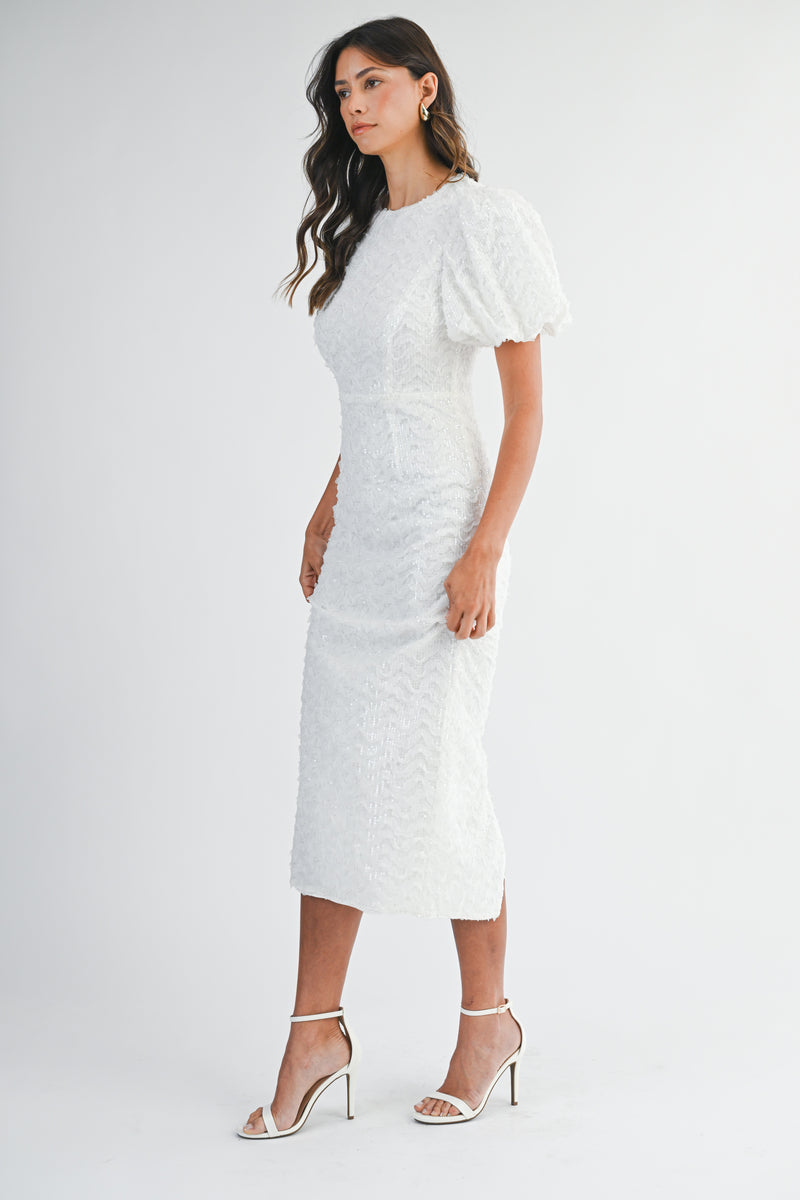 LYRA EMBELLISHED MESH PUFFY MIDI DRESS