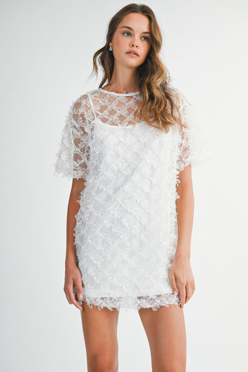 ALEXIA APPLIQUE SEQUIN MESH MINI DRESS