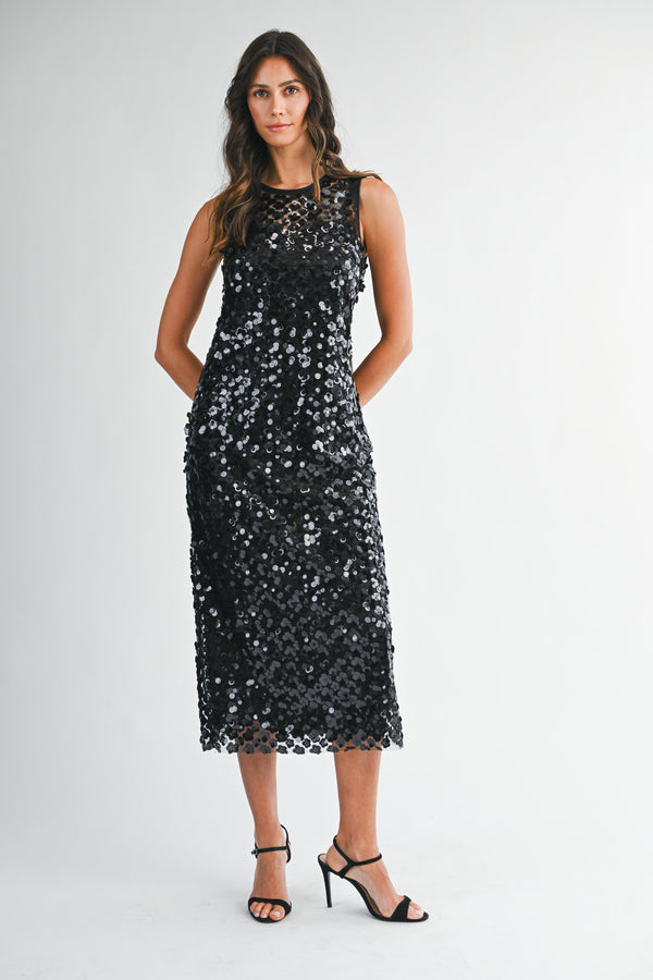 MARISOL SLEEVELESS SEQUIN MIDI DRESS