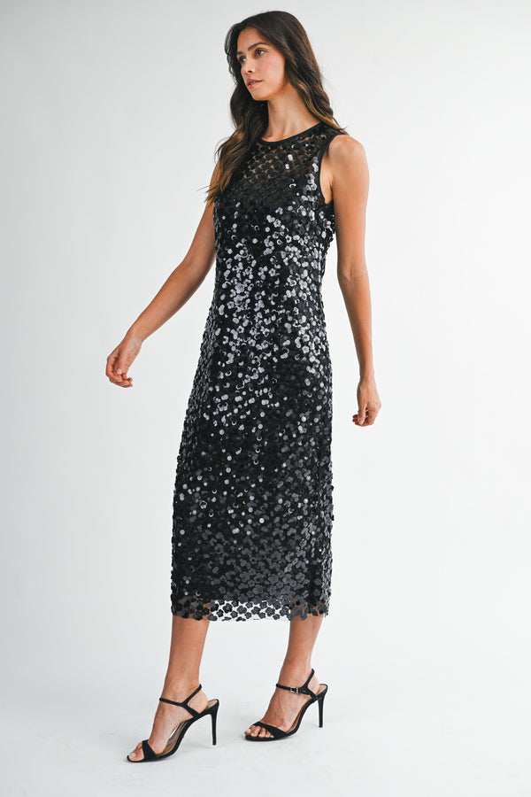 MARISOL SLEEVELESS SEQUIN MIDI DRESS