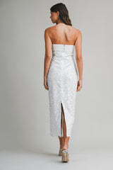 CIELO PEARL BEADED STRAPLESS MIDI DRESS