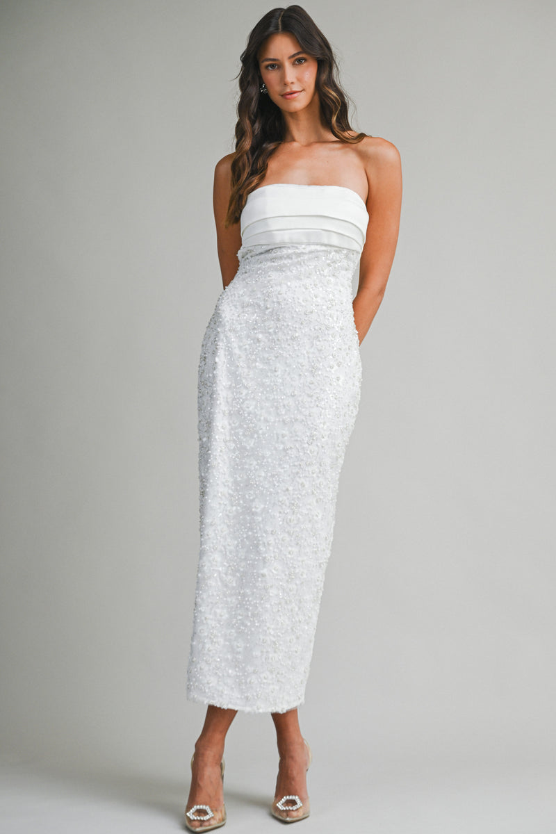 CIELO PEARL BEADED STRAPLESS MIDI DRESS Mable Clothing CIELO PEARL BEADED STRAPLESS MIDI DRESS Mable Clothing