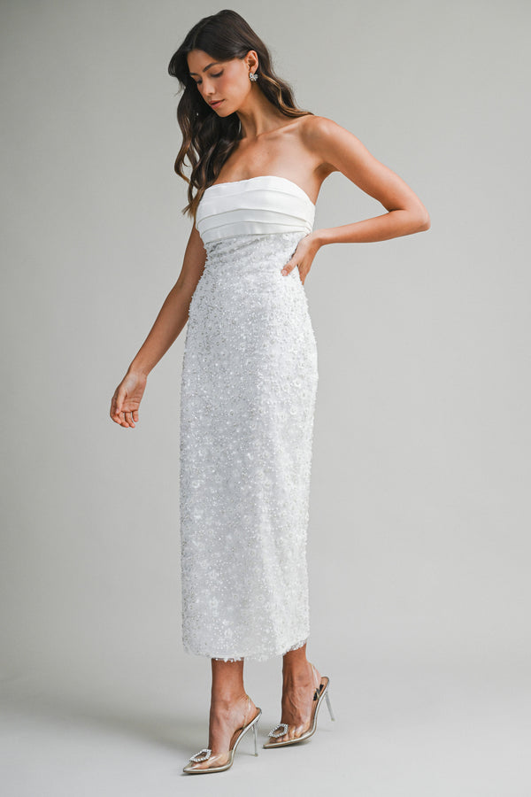 CIELO PEARL BEADED STRAPLESS MIDI DRESS